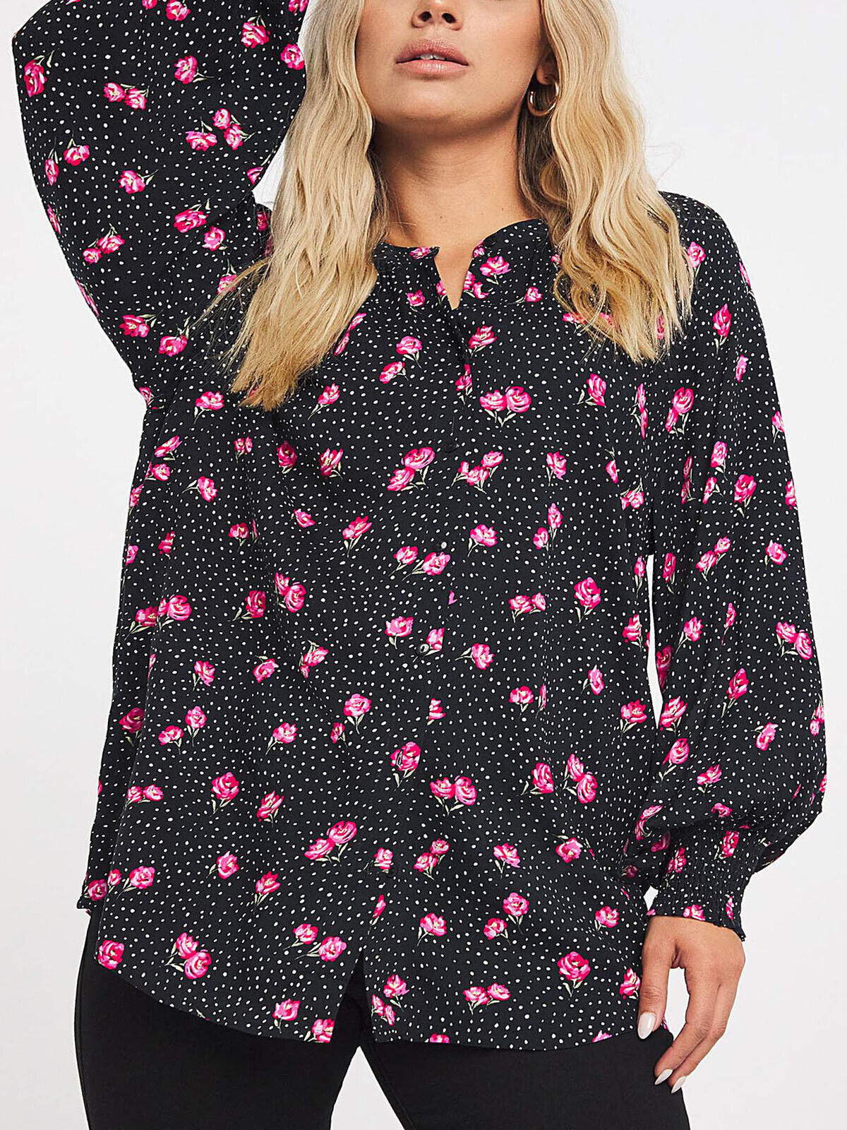 Capsule Black Floral Print Shirred Cuff Collarless Viscose Blouse 16, 22, 30