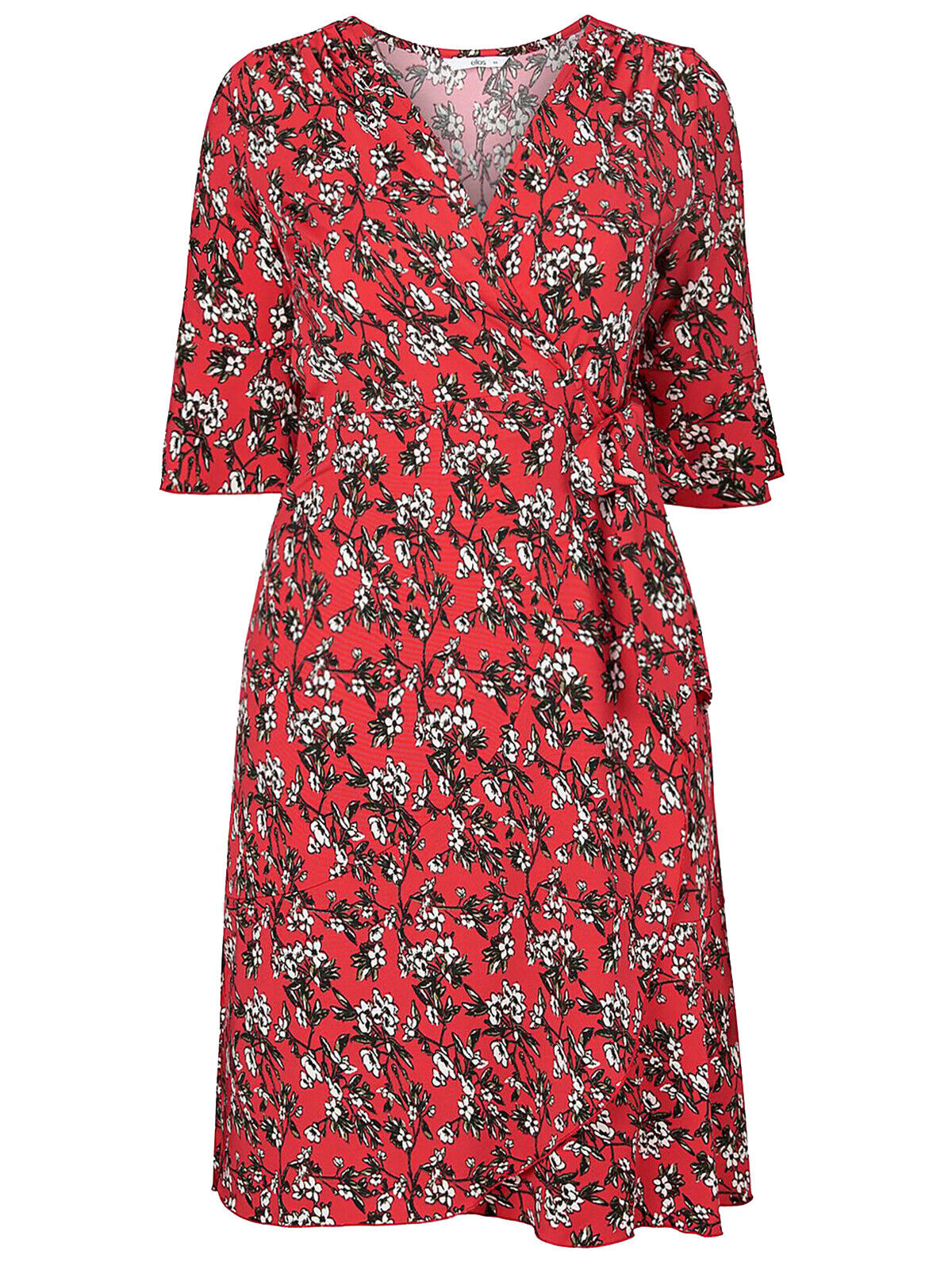 Ellos Red Floral Print Wrap Front Midi Dress in UK Size 26