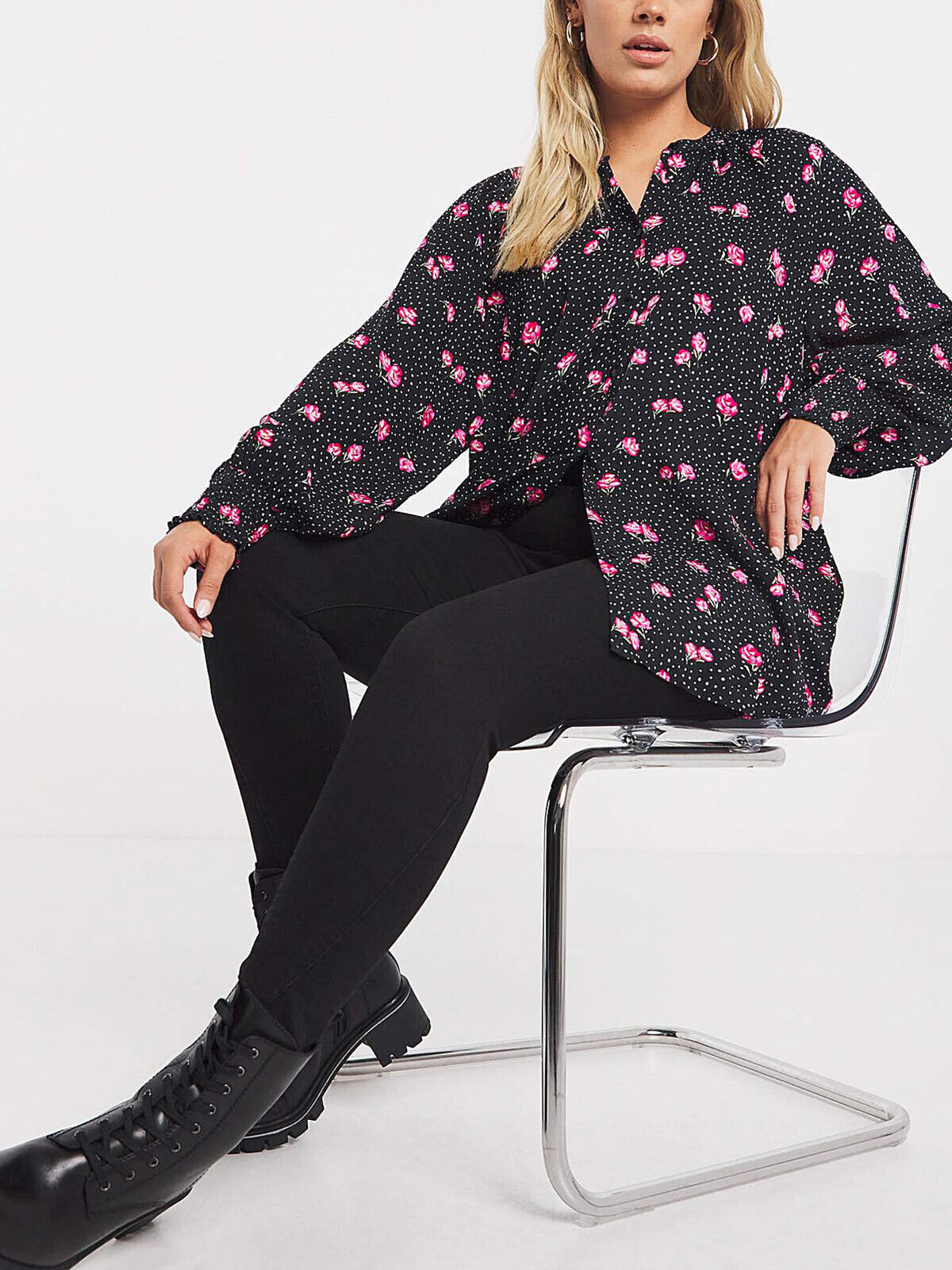 Capsule Black Floral Print Shirred Cuff Collarless Viscose Blouse 16, 22, 30