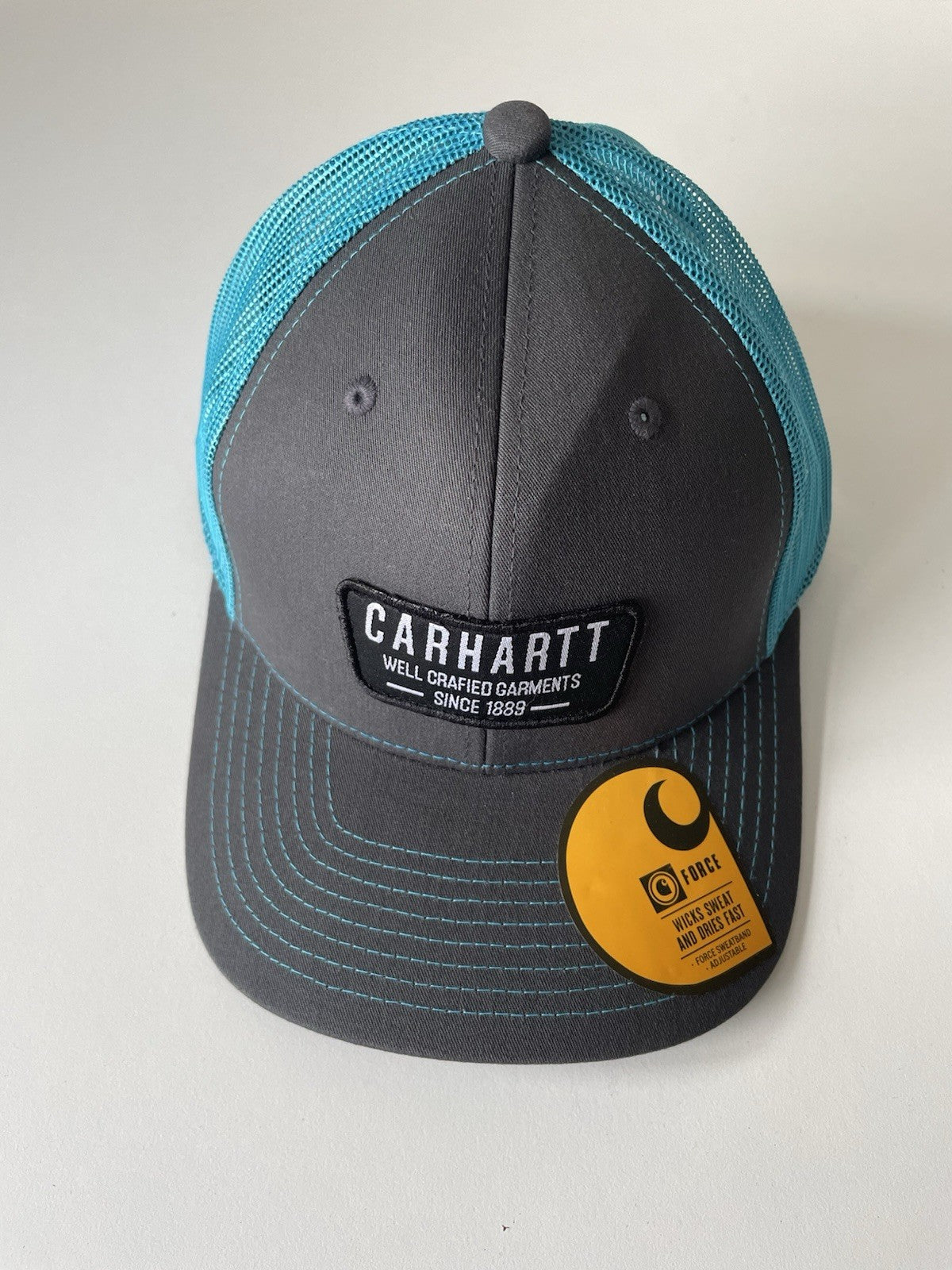 Carhartt Grey/Blue Force Cap Canvas Mesh Back Graphic Logo Workwear Cap0