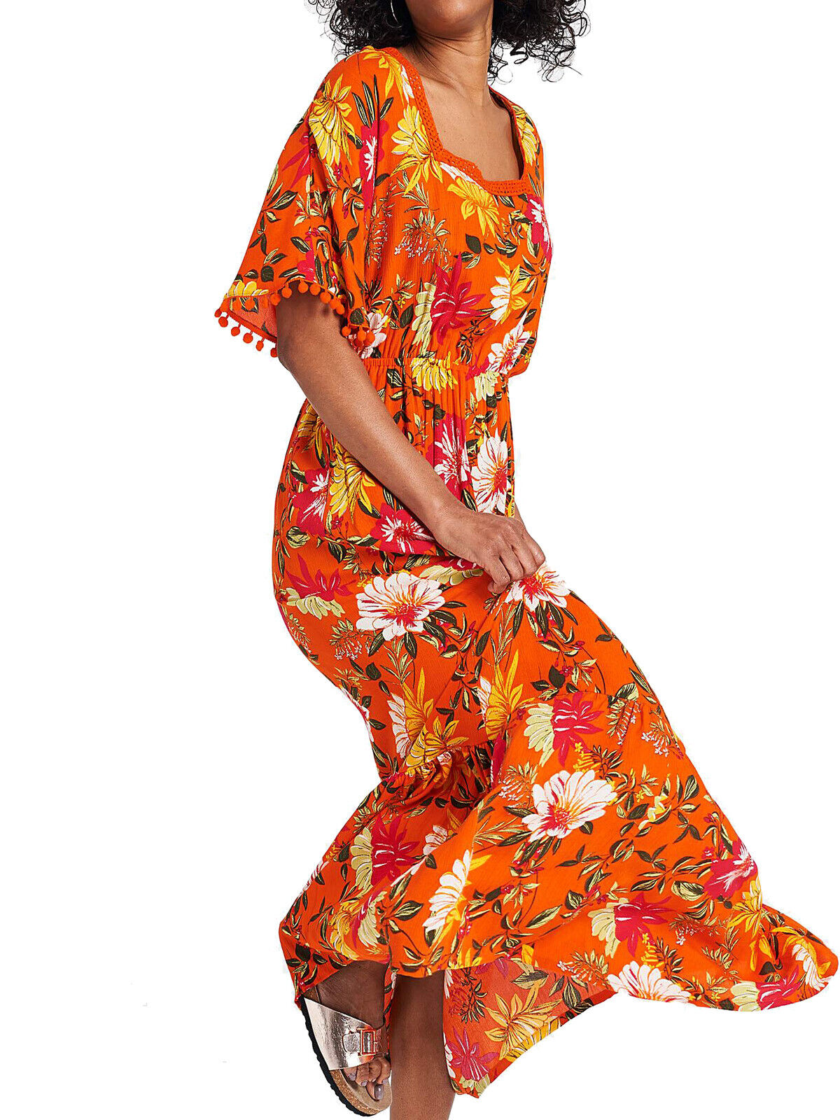 JD Williams Orange Floral Print Crinkle Maxi Dress 12, 14, 18, 24, 32 RRP £39
