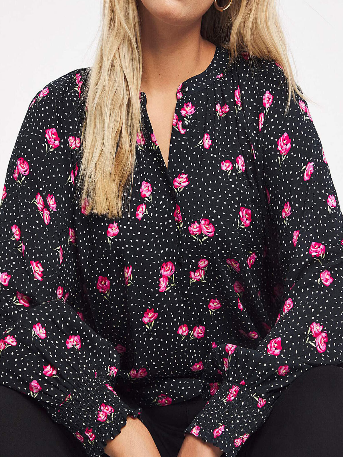 Capsule Black Floral Print Shirred Cuff Collarless Viscose Blouse 16, 22, 30