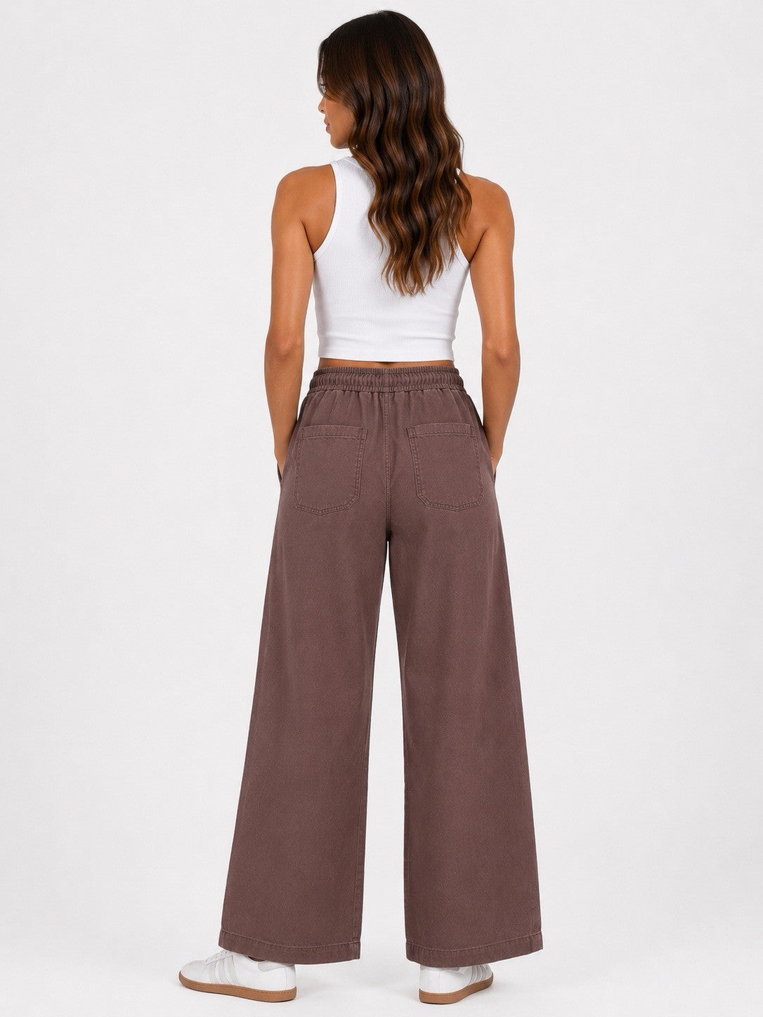 EX M*S Chocolate Brown Soft Denim Wide Leg Elasticated Drawsting Jeans Size 14S1