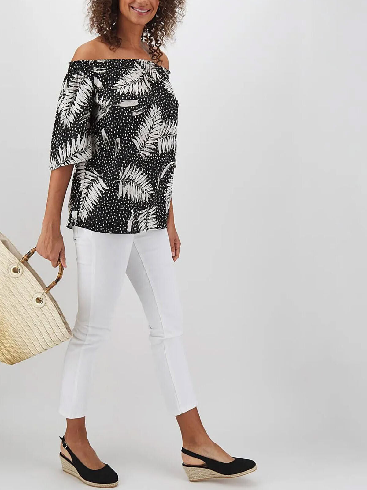 Capsule Black Palm & Spot Print 3/4 Sleeve Bardot Top Sizes 12 14 16 20 22 24 26