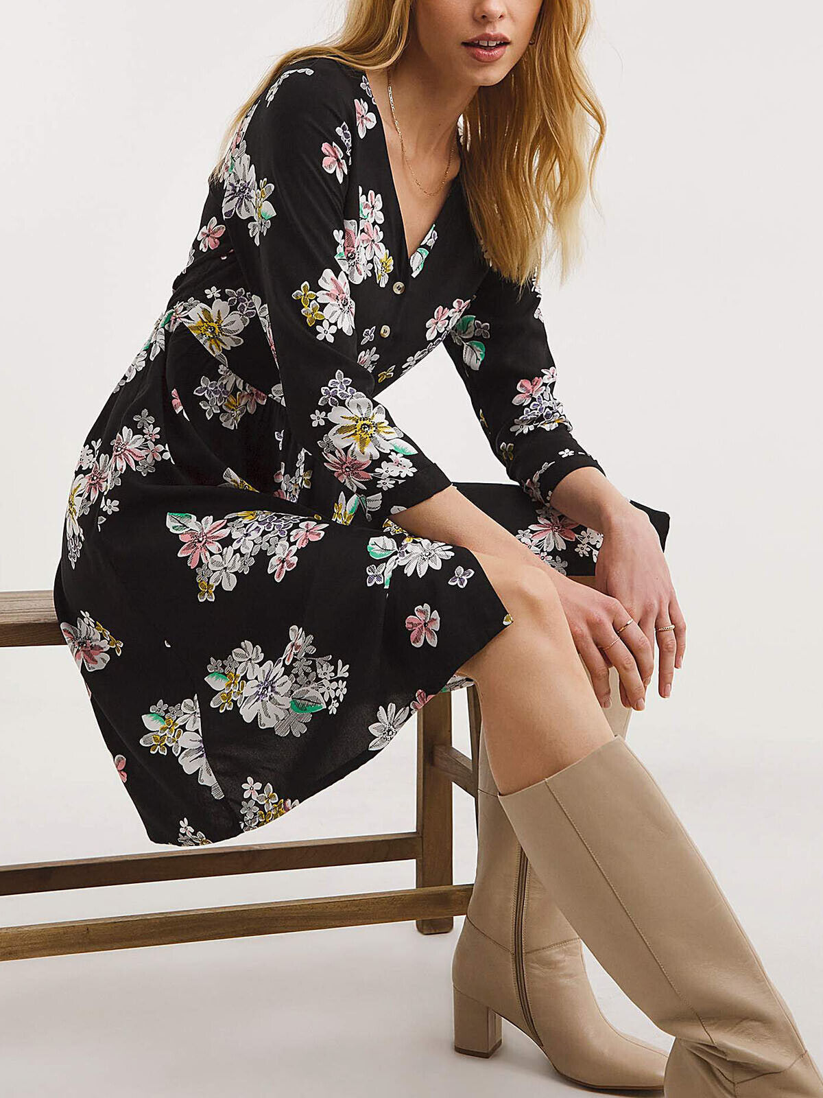 JD Williams Black Floral Relaxed Button Through Smock Dress 12 14 18 22 26 28