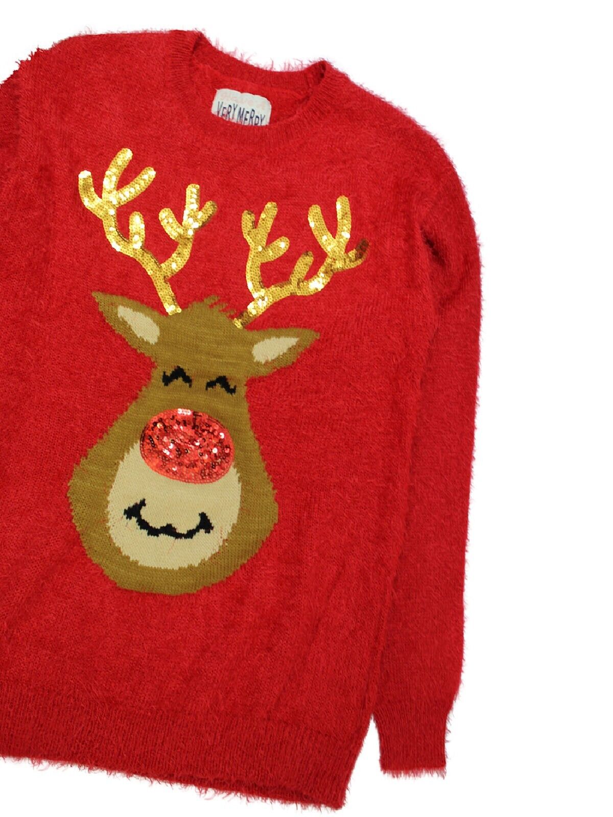 Ladies Tokyo-Red Sequin Reindeer Fluffy Knit Christmas Jumper 10, 12, 14, 16, 18