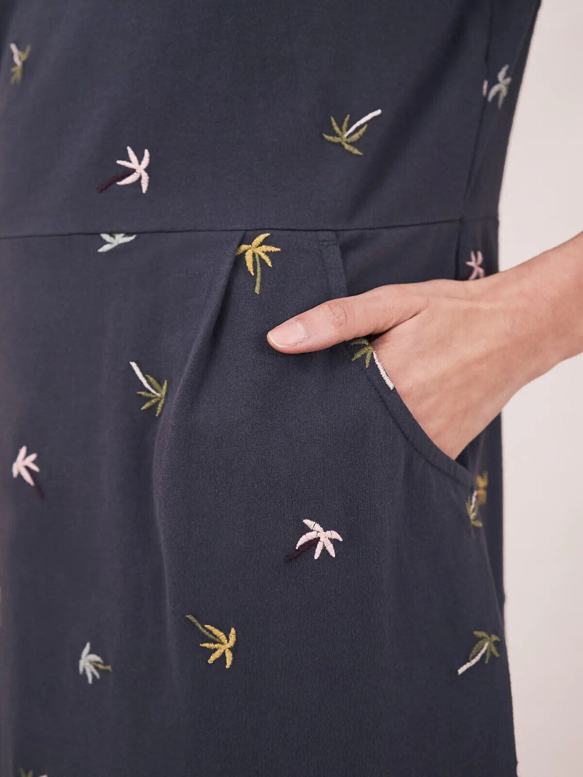 EX White Stuff Ruby Dress Grey Palm Tree Embroidered Cotton 10 12 14 16 18 20 22
