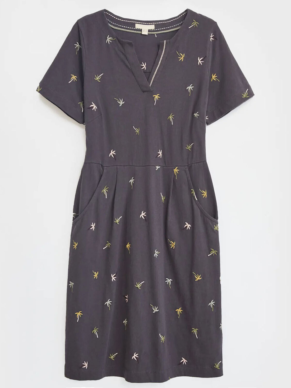 EX White Stuff Ruby Dress Grey Palm Tree Embroidered Cotton 10 12 14 16 18 20 22
