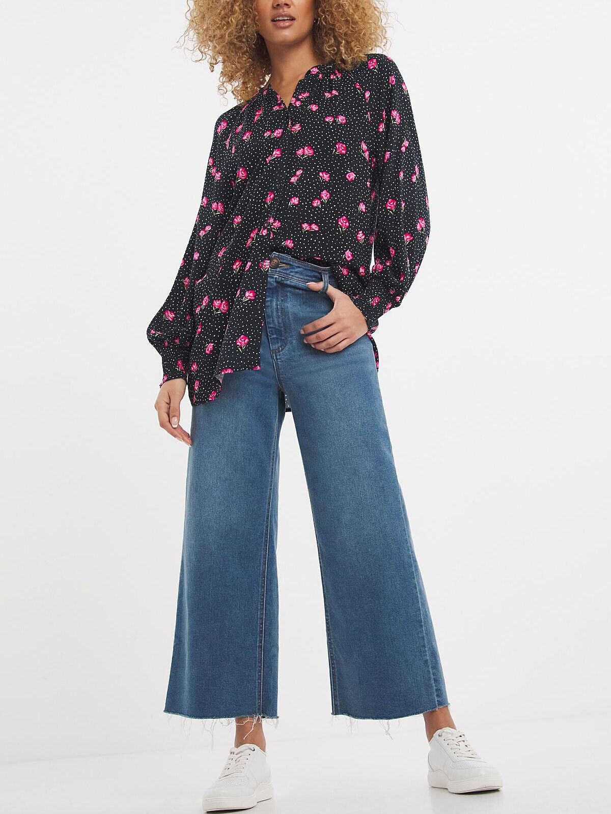 Capsule Black Floral Print Shirred Cuff Collarless Viscose Blouse 16, 22, 30