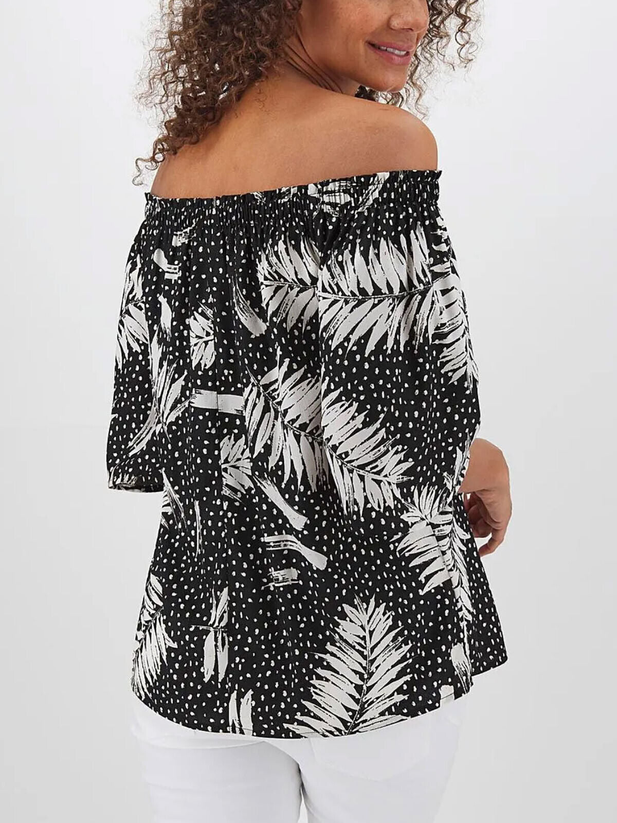 Capsule Black Palm & Spot Print 3/4 Sleeve Bardot Top Sizes 12 14 16 20 22 24 26