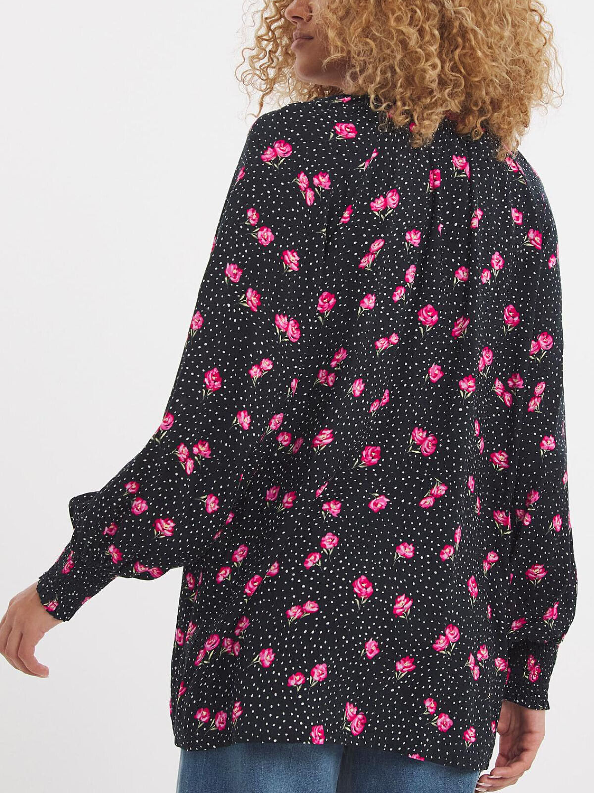 Capsule Black Floral Print Shirred Cuff Collarless Viscose Blouse 16, 22, 30