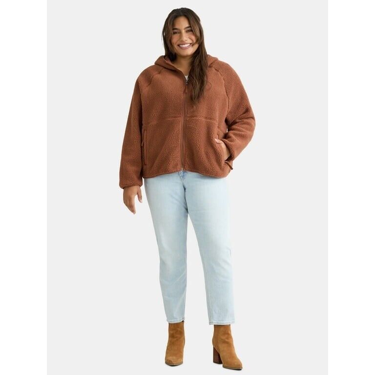 Time & Tru Brown Cocoa Polar Fleece Zip Through Hooded Jacket 1X, 2X (UK 18-24)