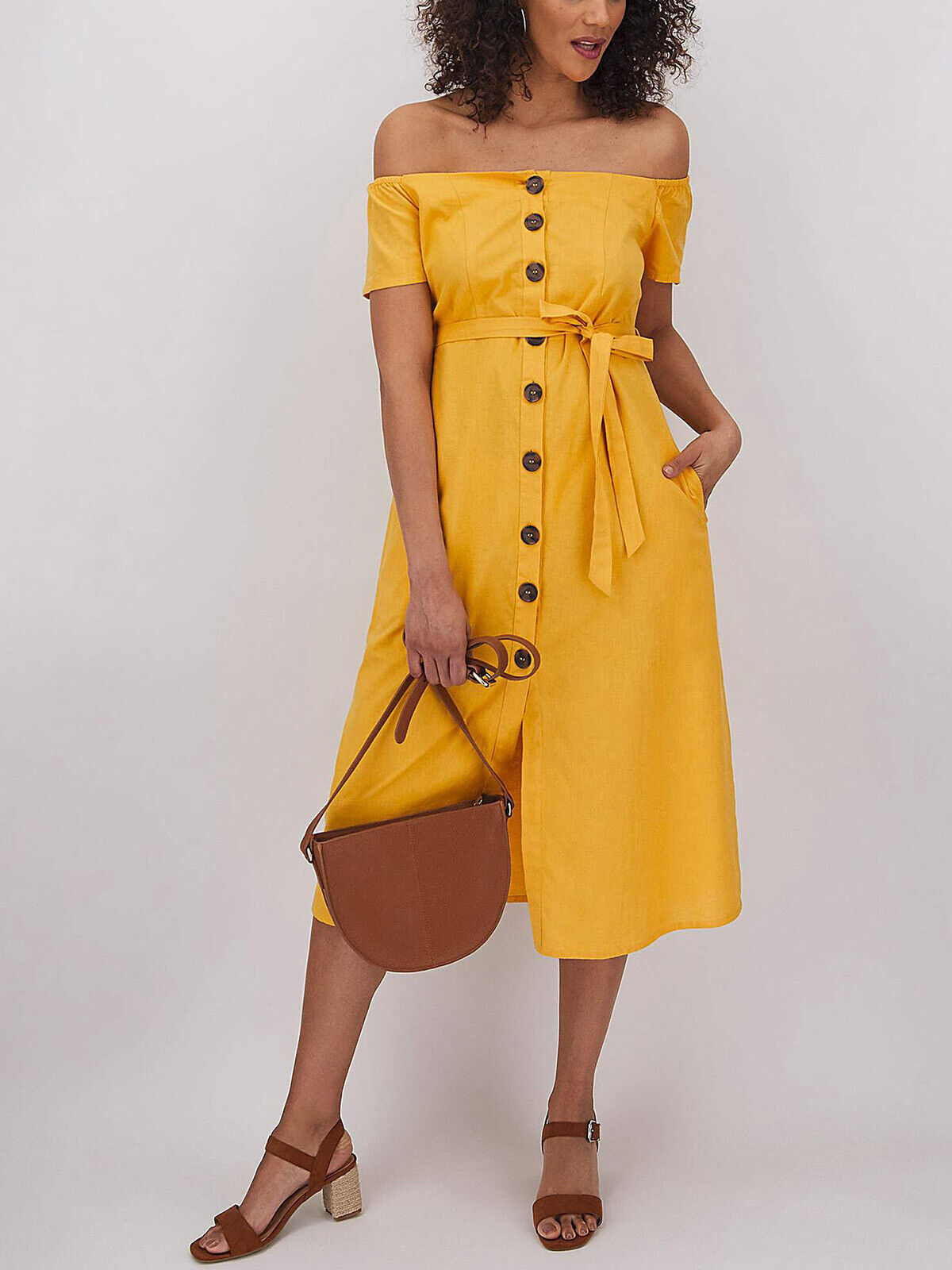 Capsule Ochre Linen/Cotton Bardot Belted Midi Dress 14 20 22 26 30 RRP £35