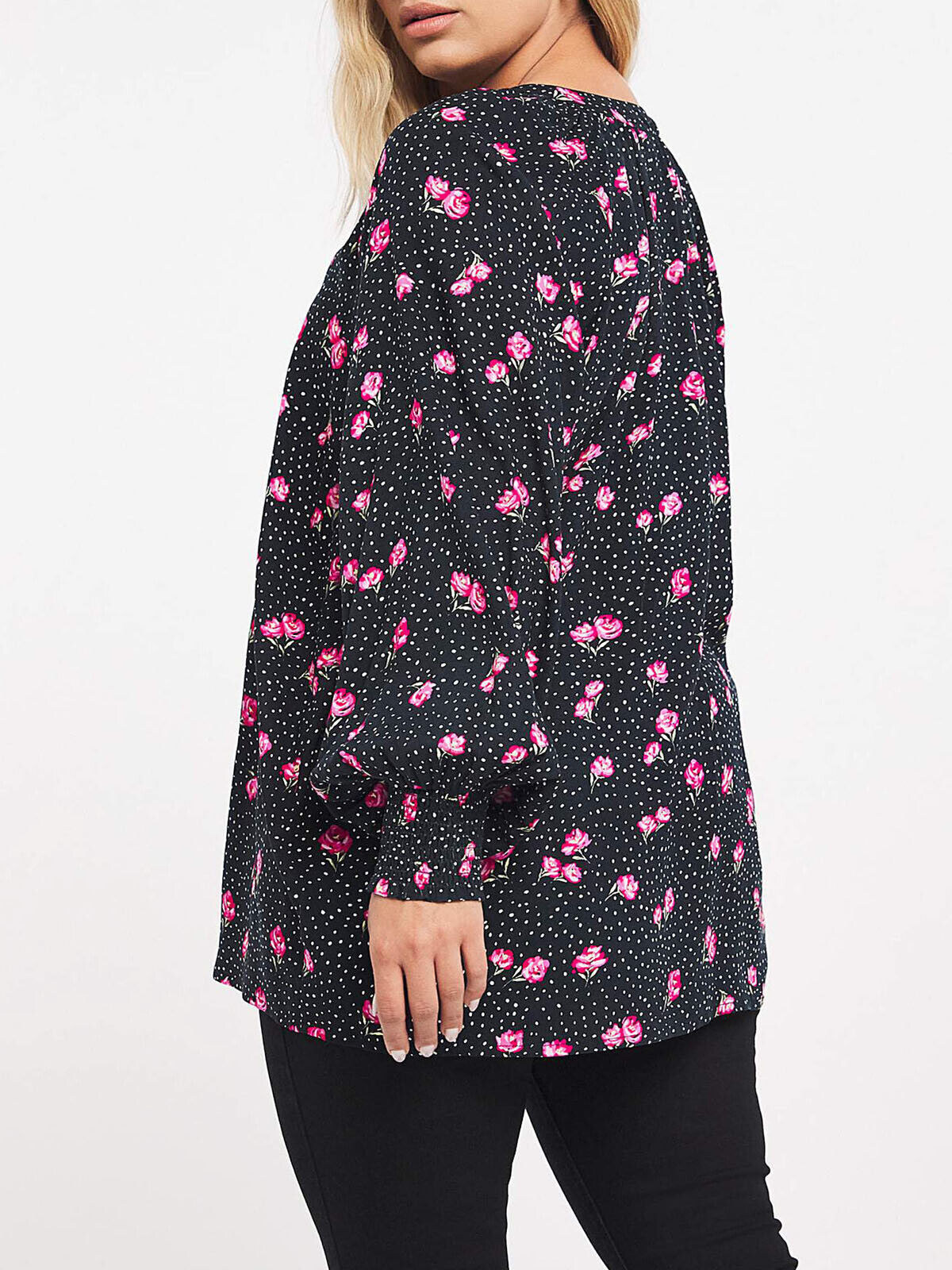 Capsule Black Floral Print Shirred Cuff Collarless Viscose Blouse 16, 22, 30