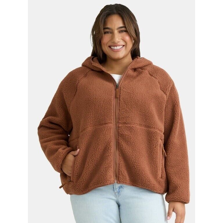 Time & Tru Brown Cocoa Polar Fleece Zip Through Hooded Jacket 1X, 2X (UK 18-24)