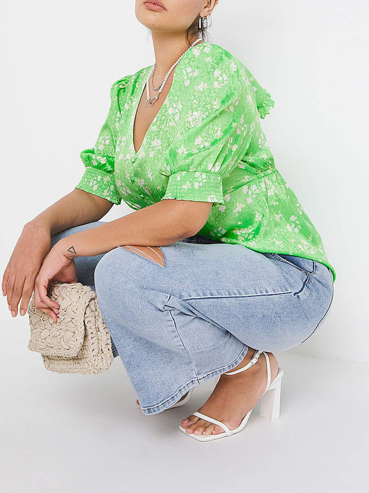 Simply Be Green Satin Jacquard Cut Out Back Blouse in Sizes 20, 26, 28, 32