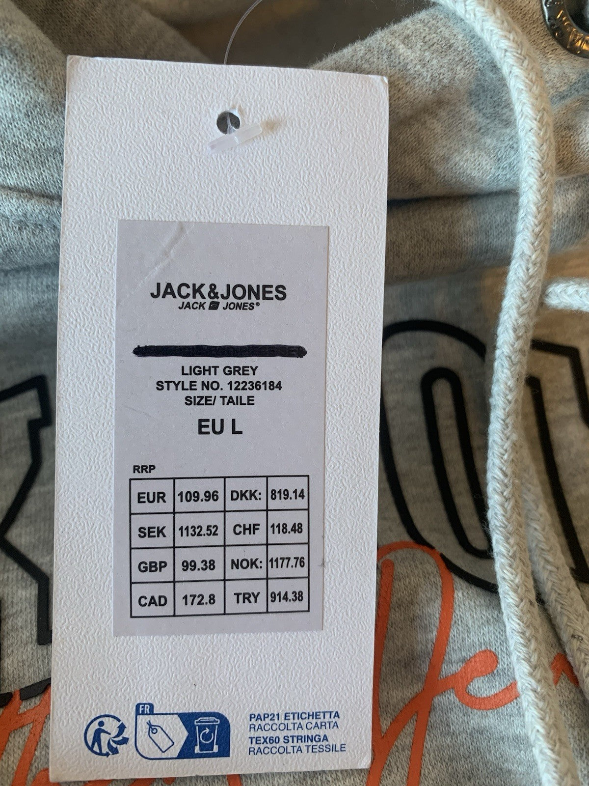 Jack & Jones Mens Light Grey Hooded Sweatshirt Hoodie Pullover Top Size L4