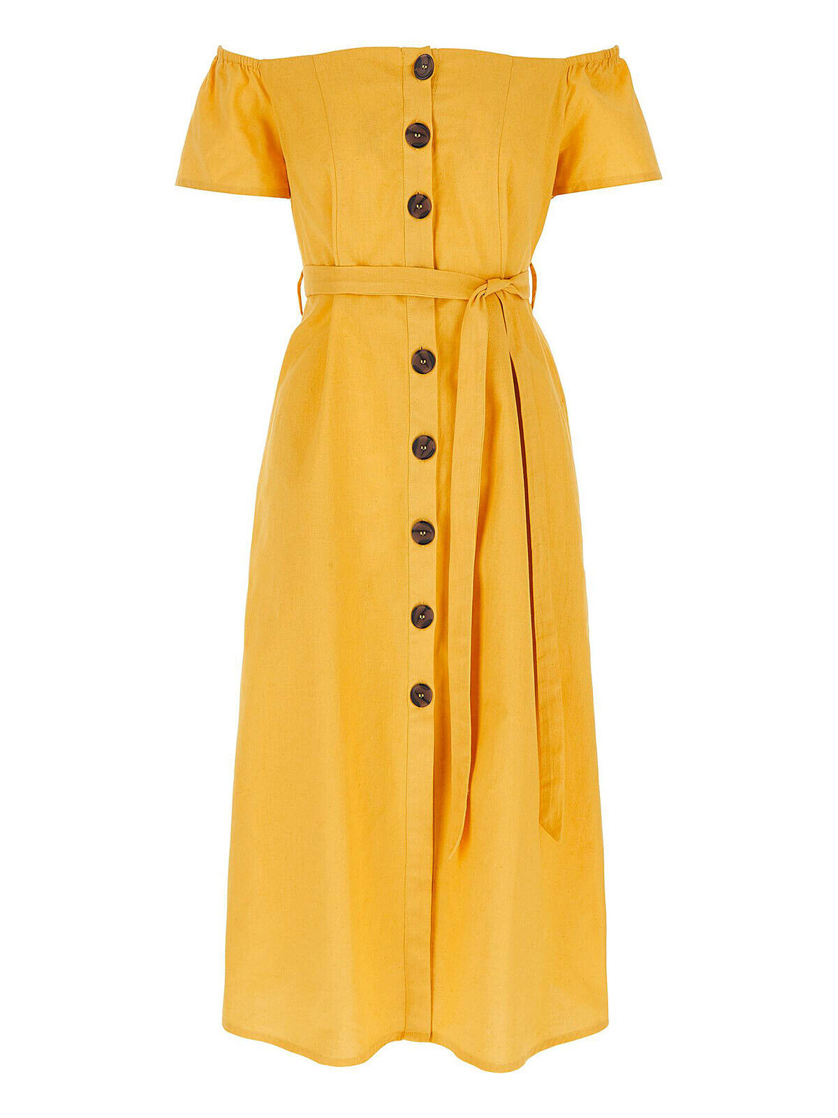 Capsule Ochre Linen/Cotton Bardot Belted Midi Dress 14 20 22 26 30 RRP £35