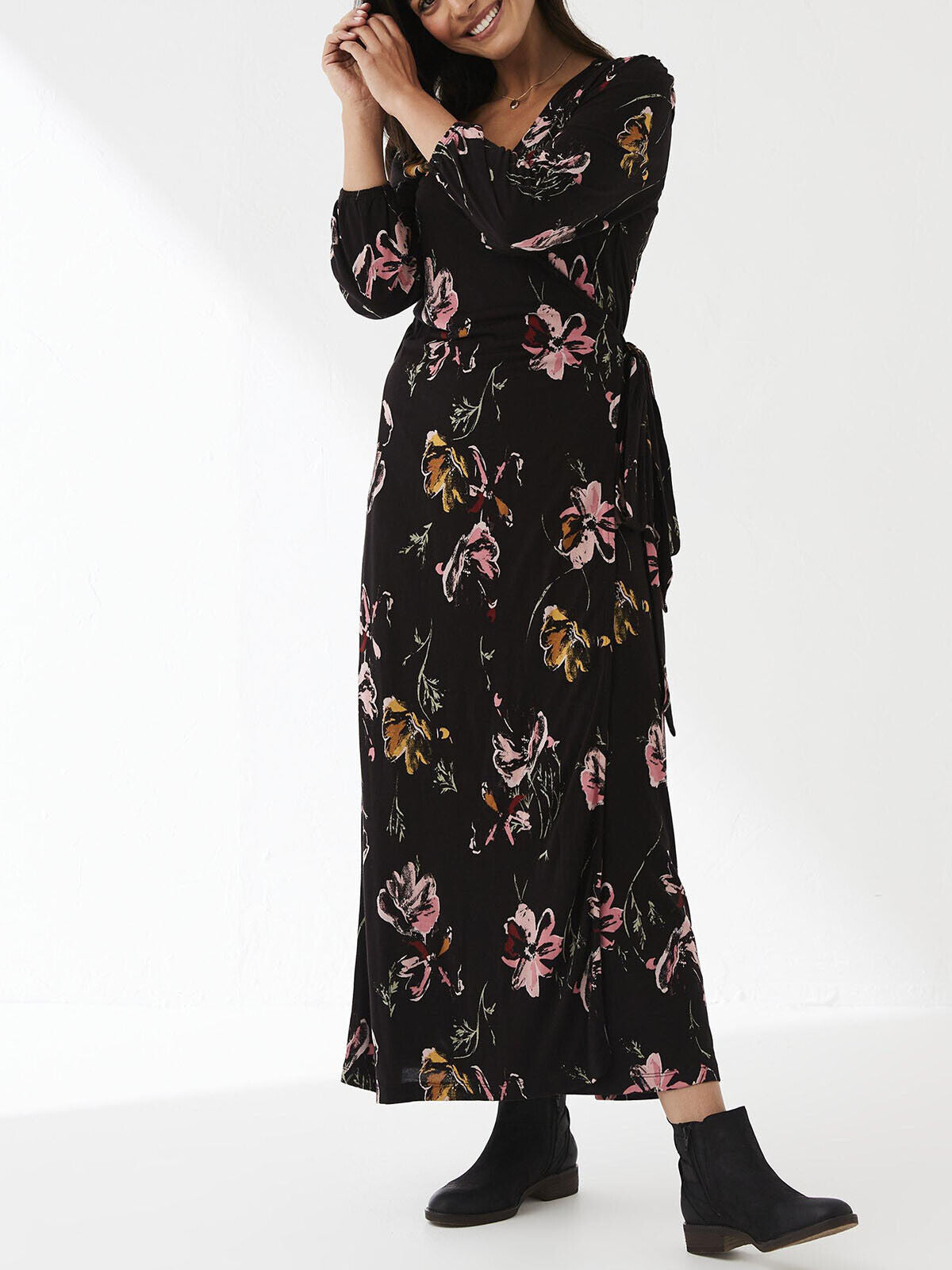 EX Fat Face Black Rachel Floral Wrap Jersey Dress 12 14 16 28 20 22 24 RRP£59.50