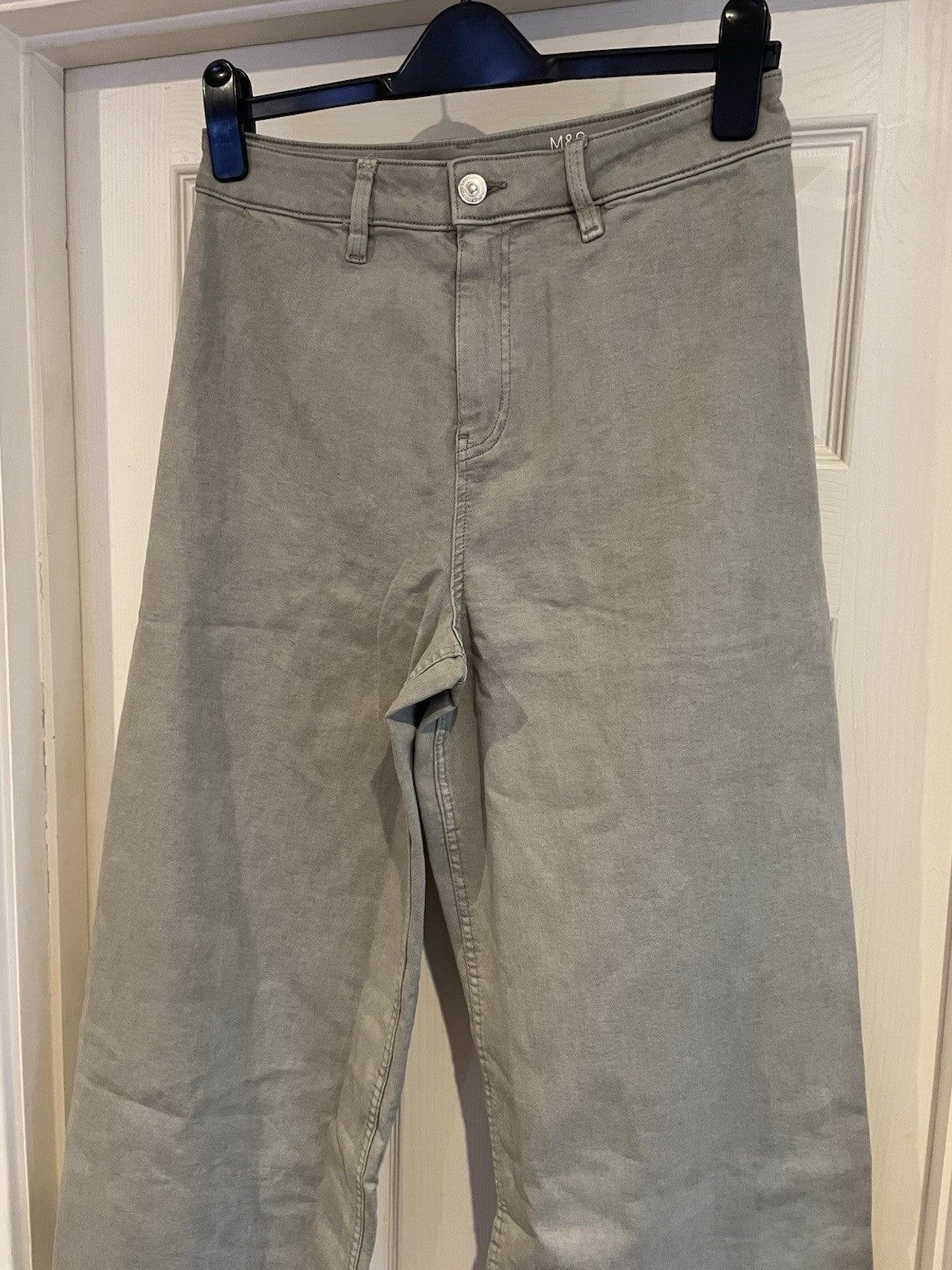 EX M*S Sage Green Wide Leg High Waisted Stretch Denim Cotton Rich Jeans 12 Reg2