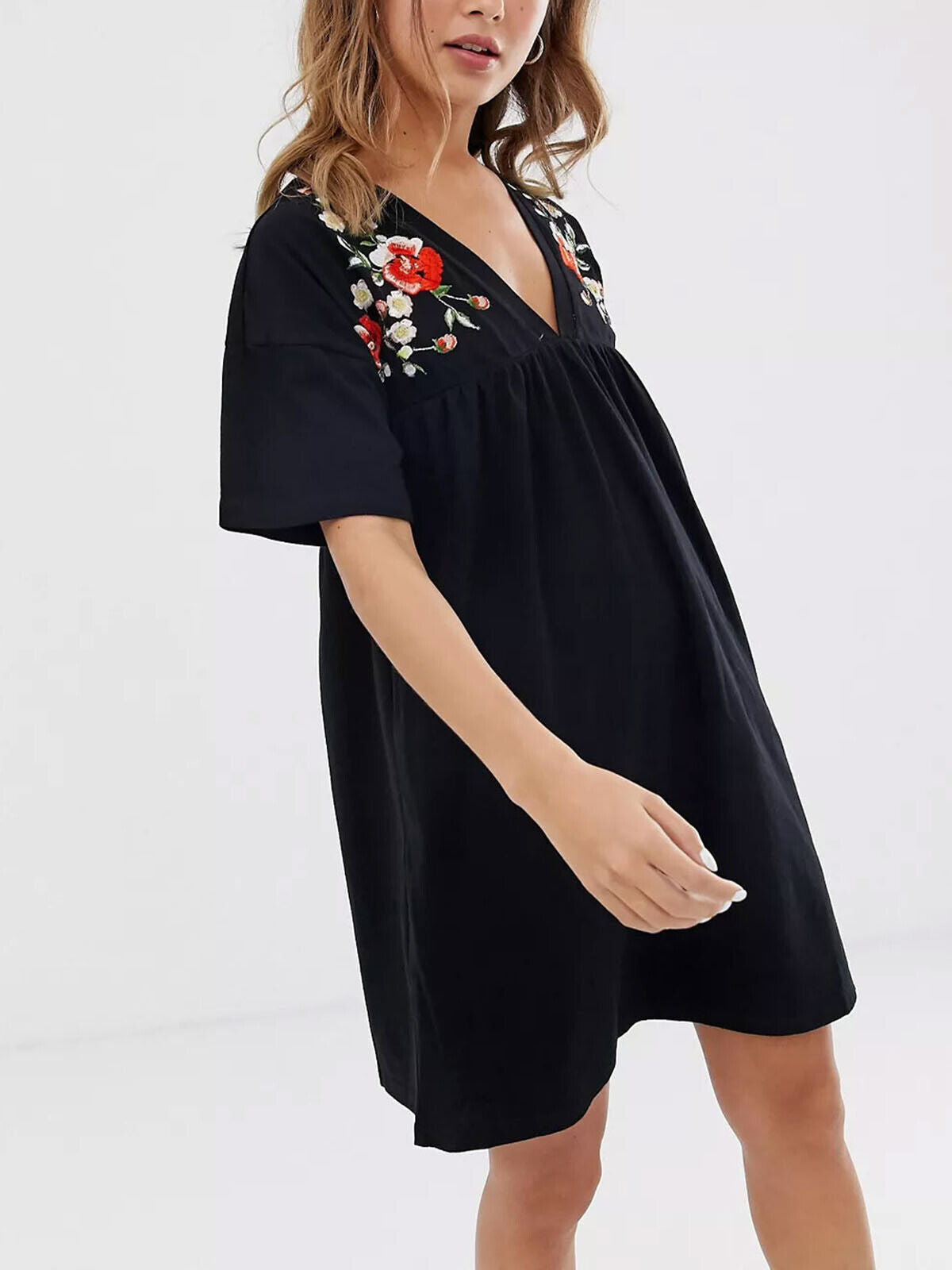 Black embroidered smock dress best sale