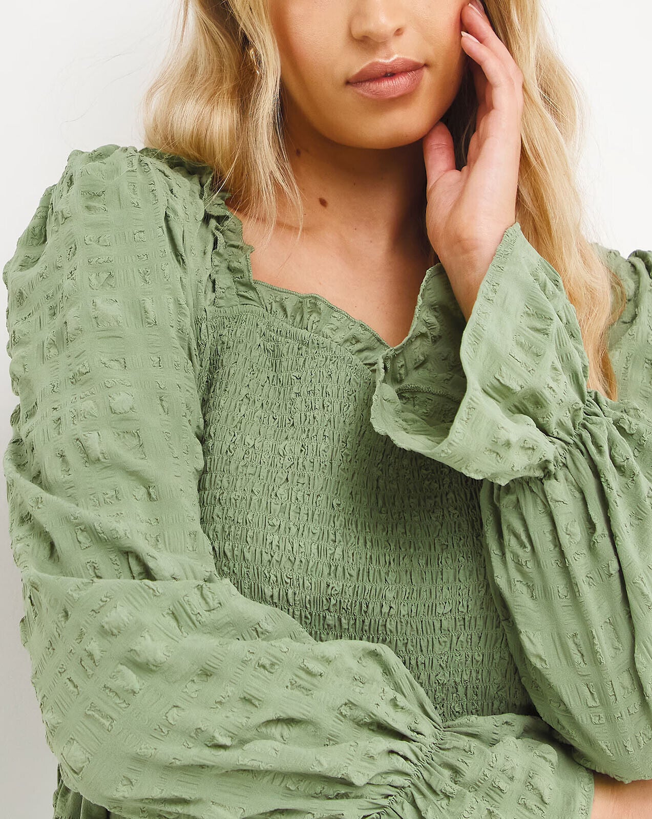 Simply Be Khaki Textured Shirred Square Neck Peplum Top with Frill Cuffs 18-32