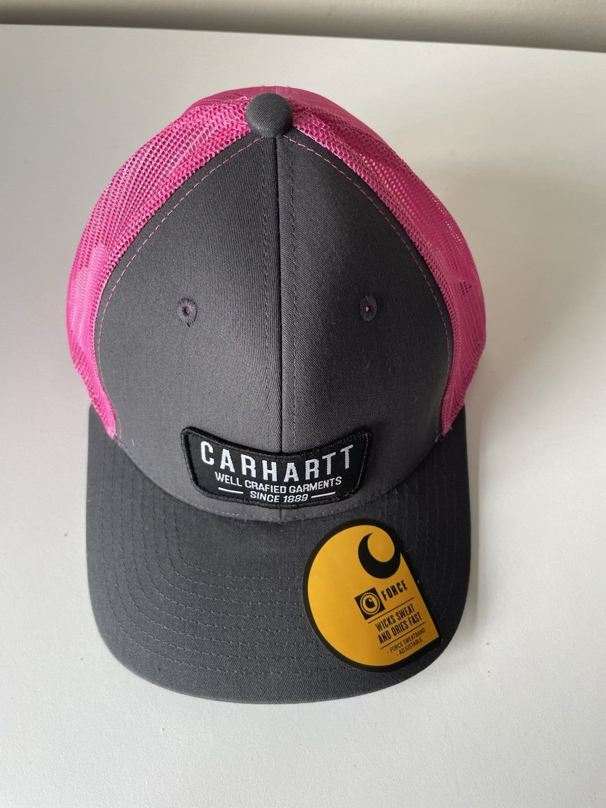 Carhartt Grey/Pink Force Cap Canvas Mesh Back Graphic Logo Workwear Cap0