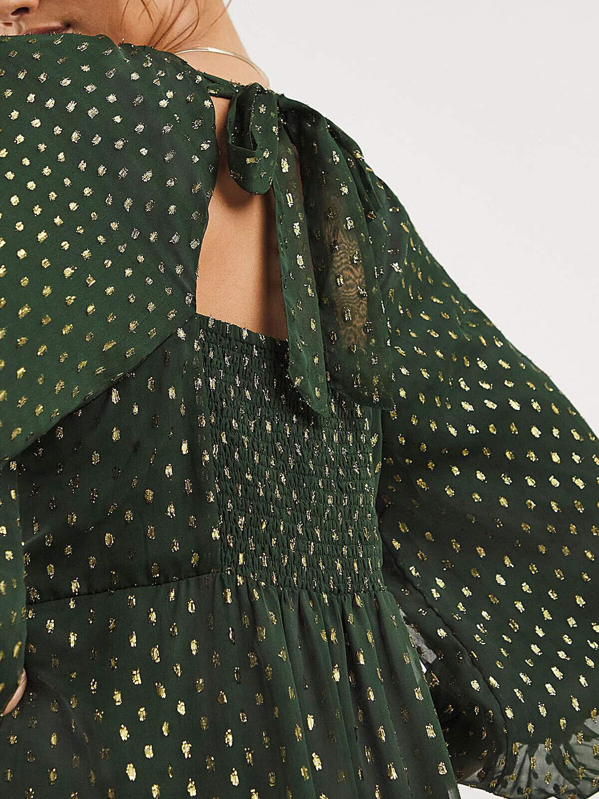 JD Williams Green Puff Sleeve Tie Neck Lurex Dobby Dress 18, 20, 28, 30 RRP £49