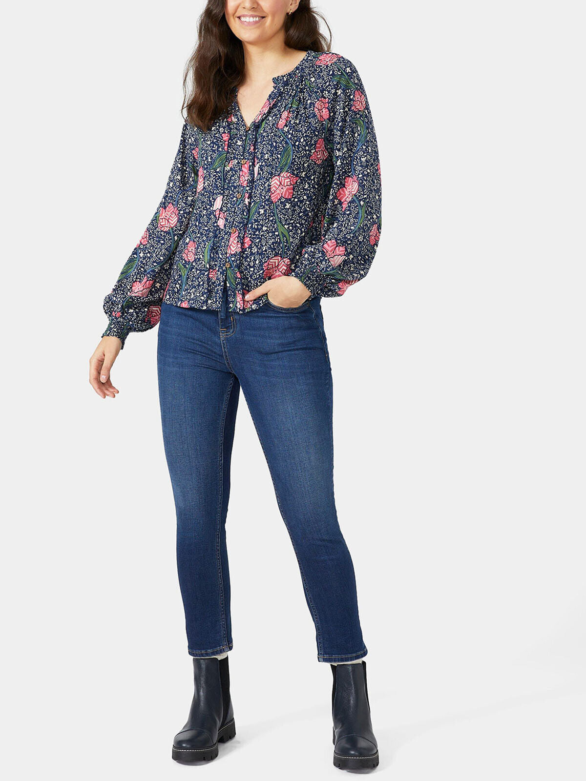 Mantaray Navy Floral Print Button Through Shirred Cuff Top 10, 16, 18 RRP £42