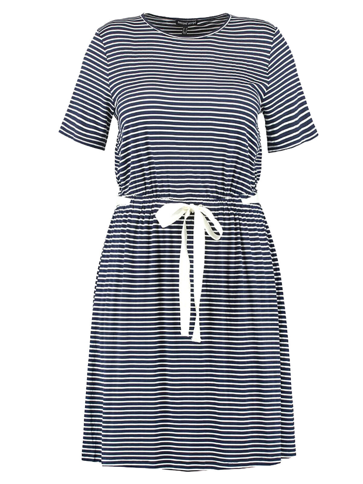 Second Script Curve Navy Striped Tie Waist Dress in Sizes 16, 18, 20, 22