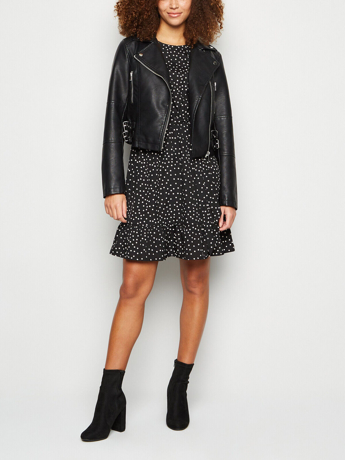 EX New Look Black Polka Dot Frill Trim Dress in Sizes 10, 12, 14, 16, 18