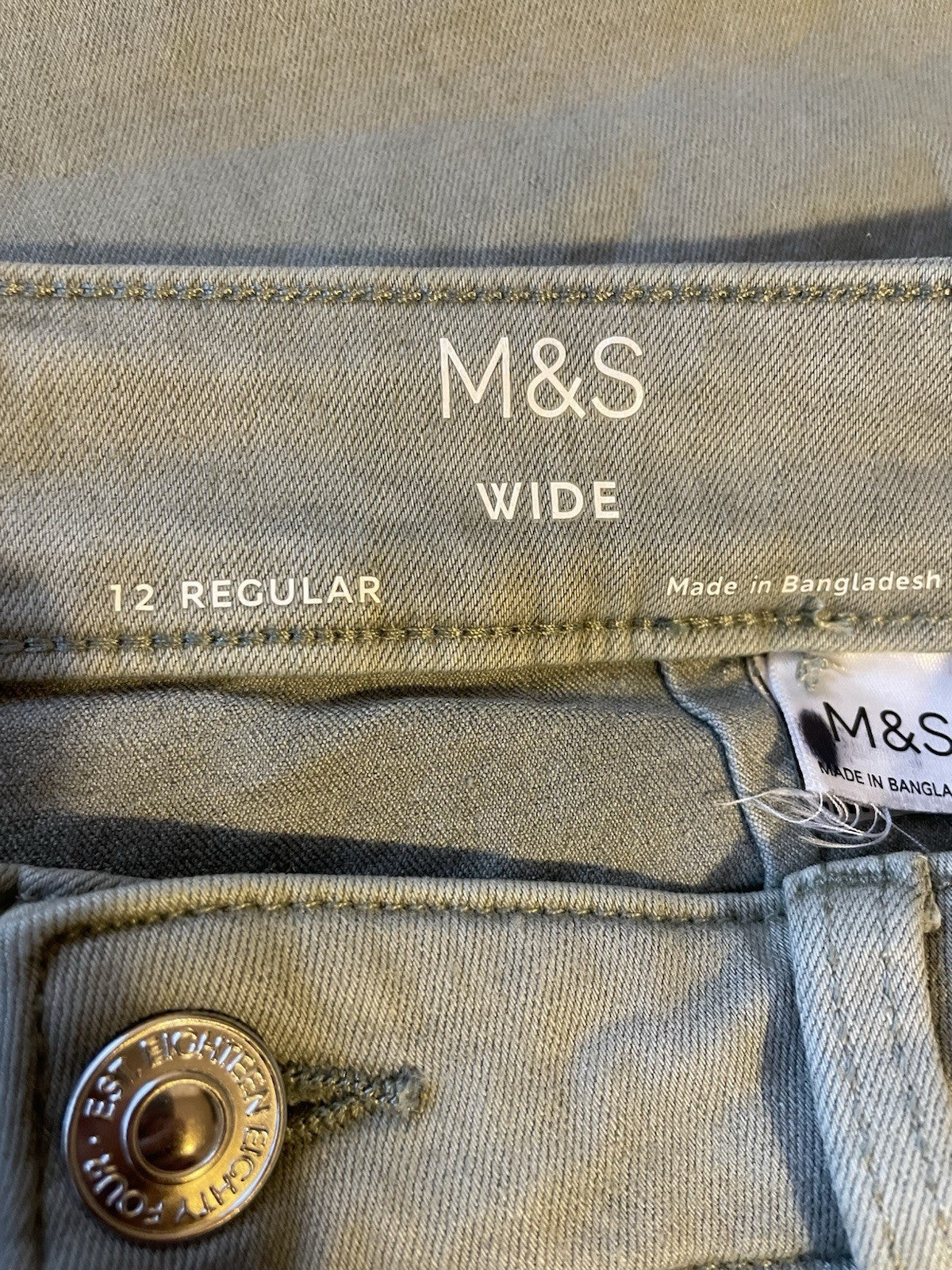 EX M*S Sage Green Wide Leg High Waisted Stretch Denim Cotton Rich Jeans 12 Reg4