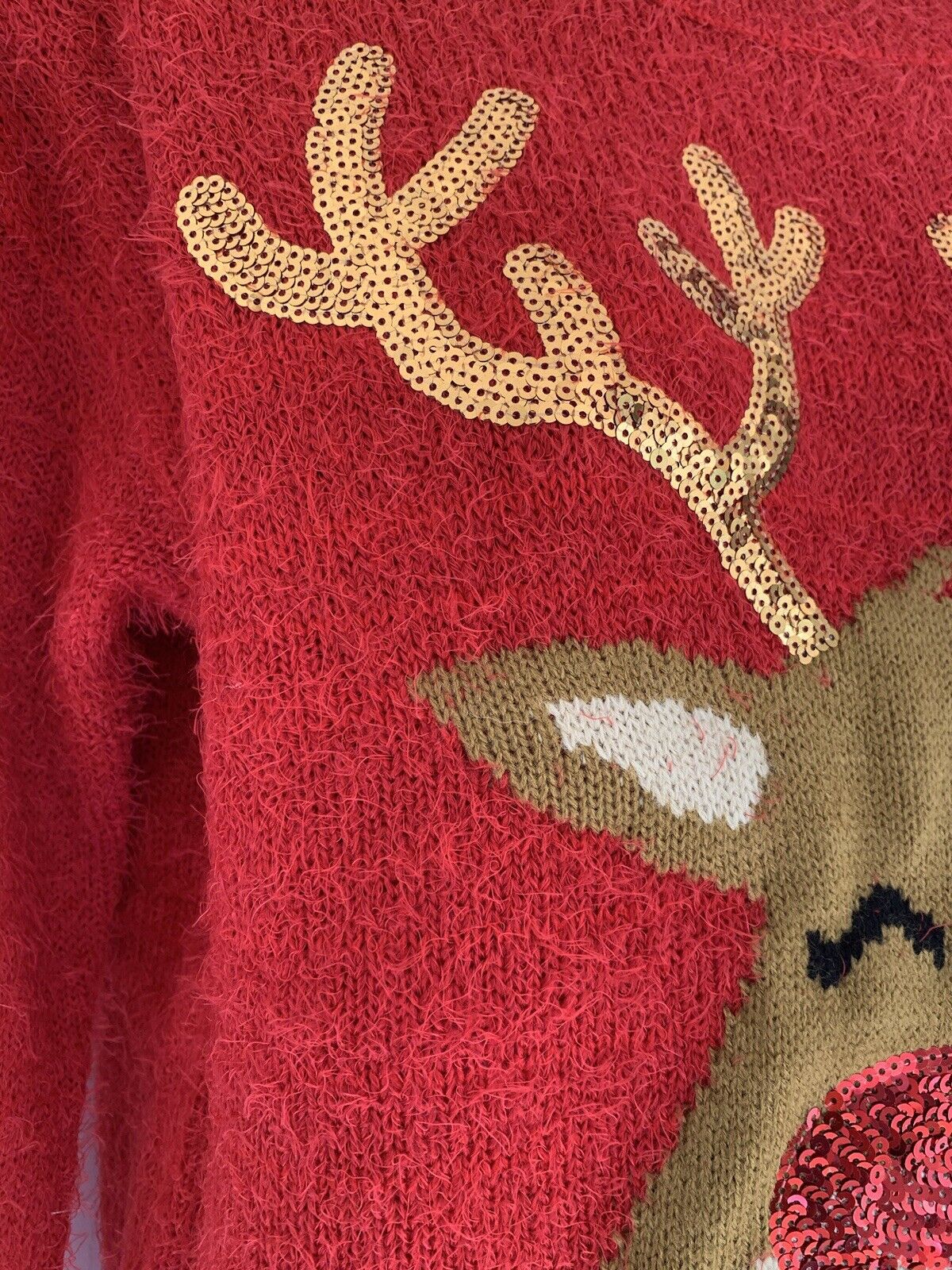 Ladies Tokyo-Red Sequin Reindeer Fluffy Knit Christmas Jumper 10, 12, 14, 16, 18