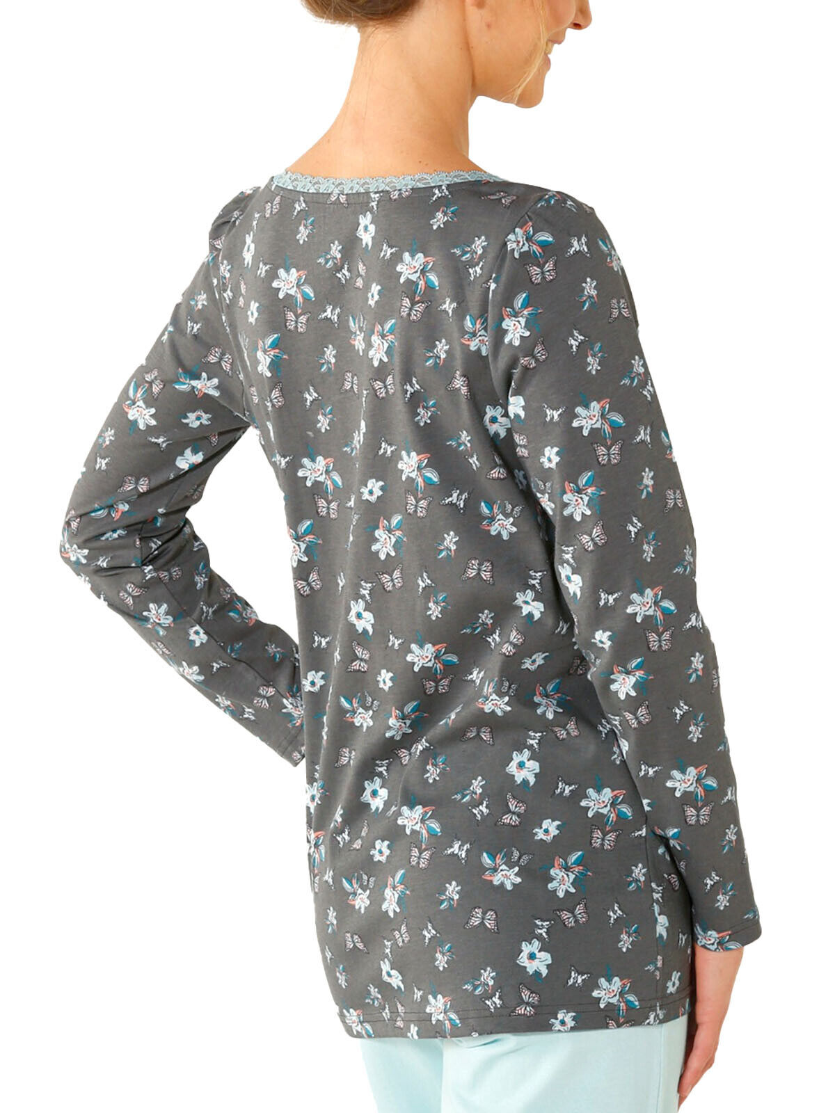 Blancheporte Grey Pure Cotton Butterfly Print Lace Trim Pyjama Top Sizes 14-24
