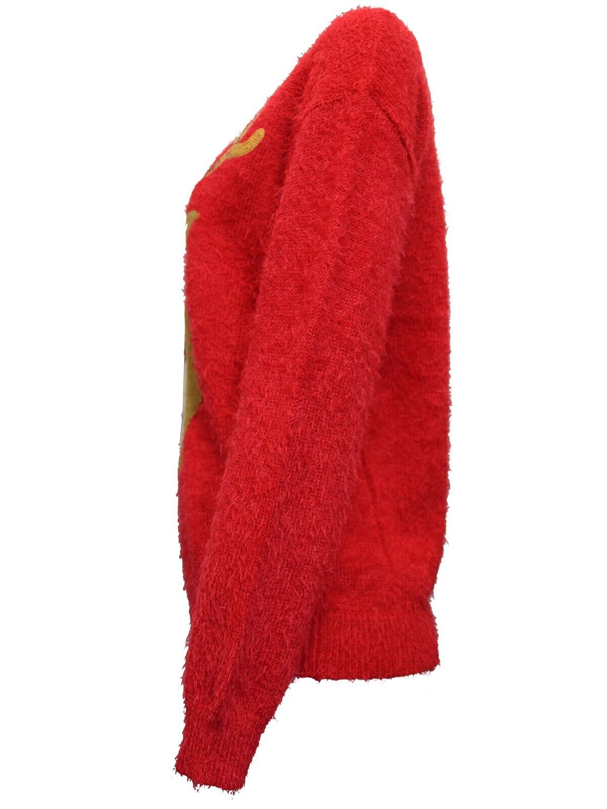 Ladies Tokyo-Red Sequin Reindeer Fluffy Knit Christmas Jumper 10, 12, 14, 16, 18