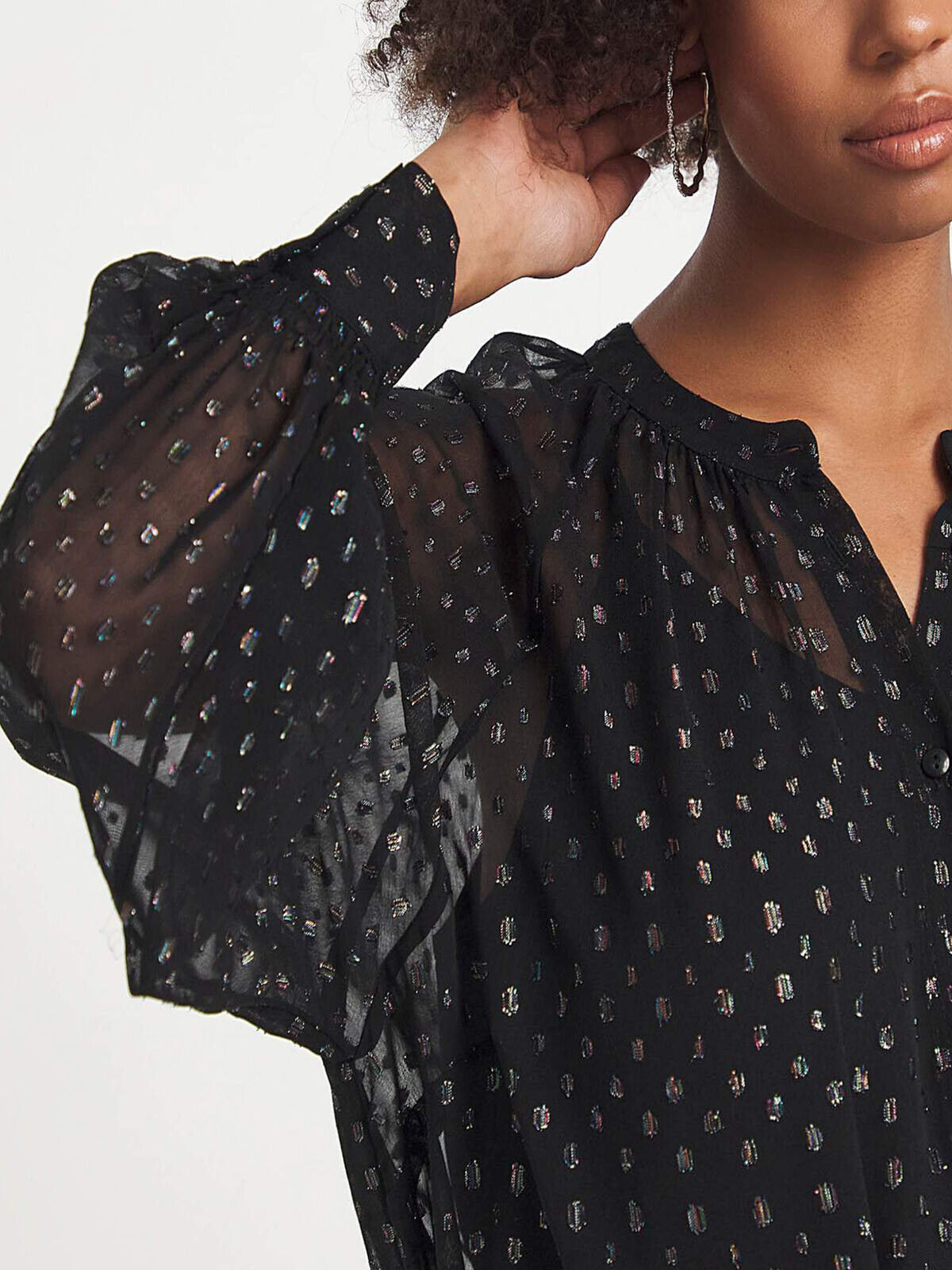 JD Williams Black Multi Spot Lurex Collarless Blouse in Sizes 16, 18, 22