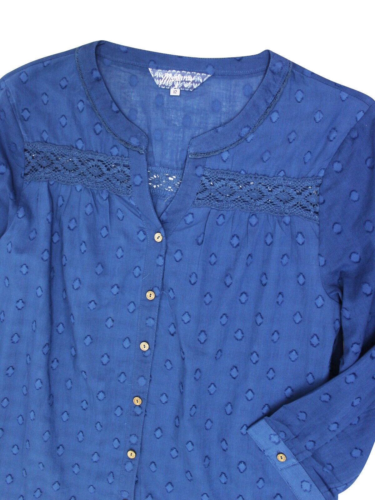 Mantaray Navy Roll Sleeve Swiss Dot Dobby Blouse Shirt 12, 18, 20, 22 RRP £32