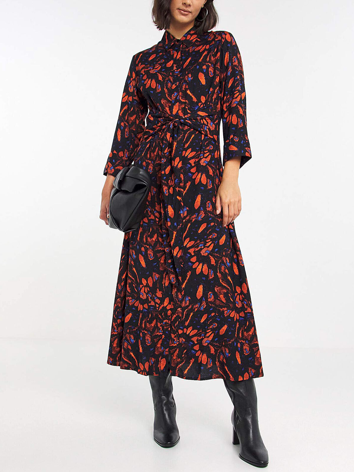 JD Williams Black Printed Tie Waist Midi Shirt Dress 16 18 22 24 26 28 30 32