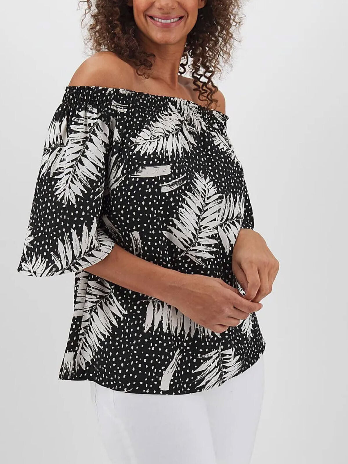 Capsule Black Palm Spot Print 3 4 Sleeve Bardot Top Sizes 12 14 16 20 22 24 26