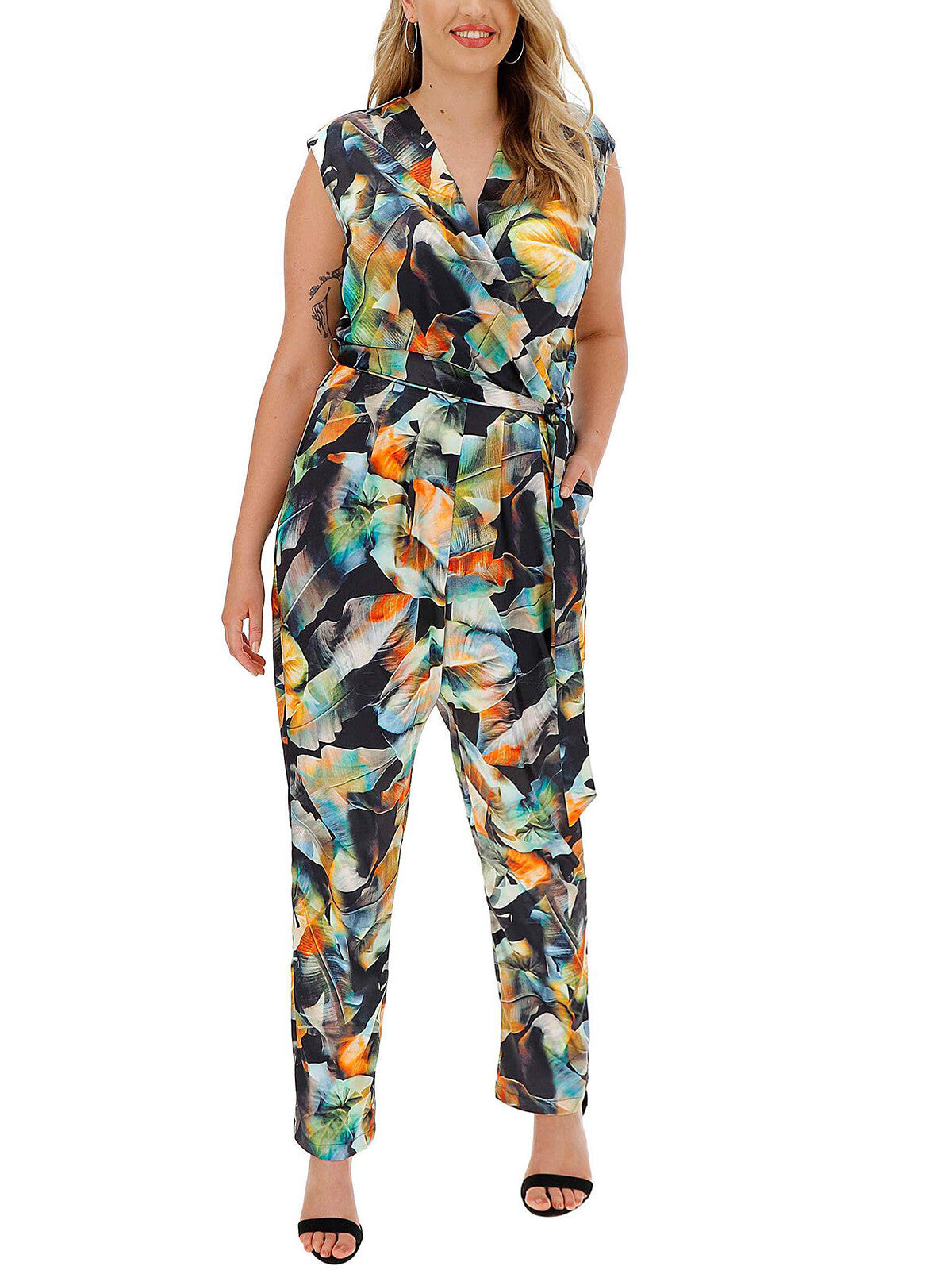 Joanna Hope Black Print Stretch Satin Jumpsuit in Size 28 RRP £65 NO BELT0