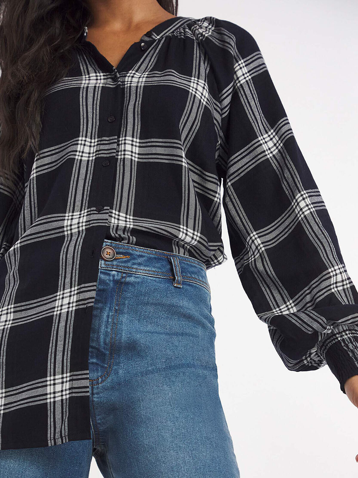 JD Williams Navy Shirred Cuff Yarn Dyed Check Collarless Blouse Sizes 18-32