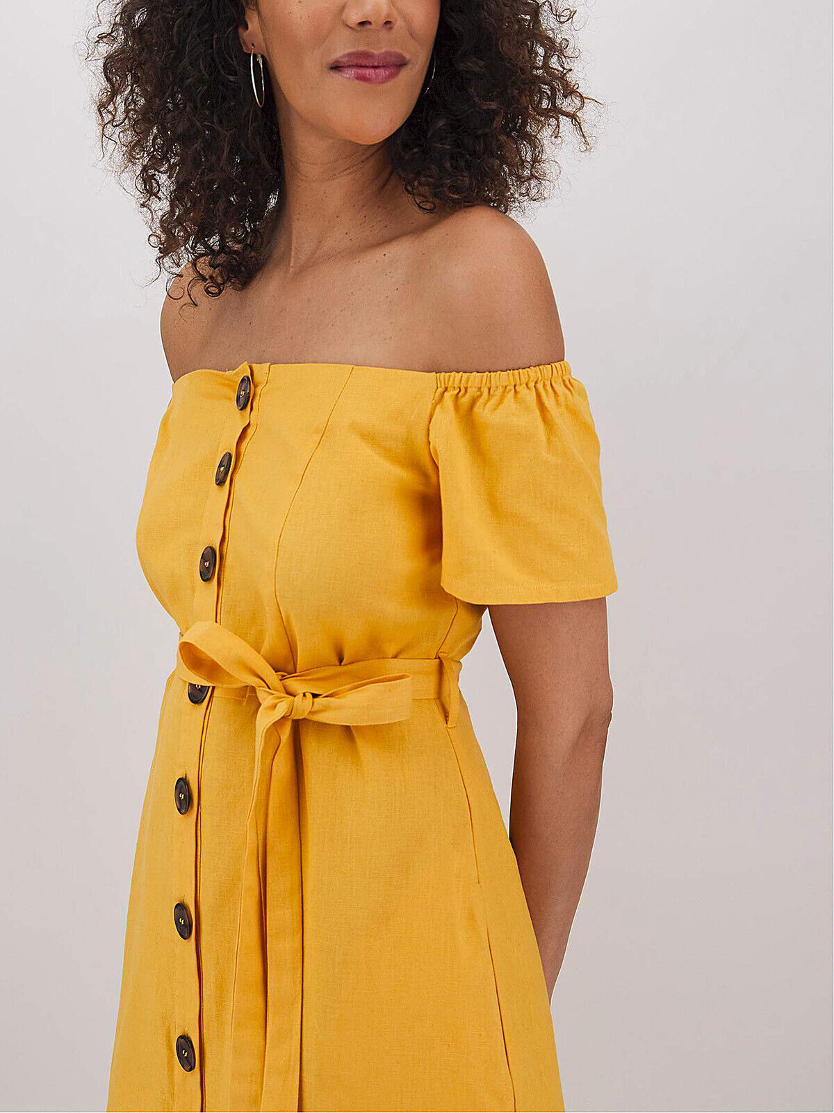 Capsule Ochre Linen/Cotton Bardot Belted Midi Dress 14 20 22 26 30 RRP £35