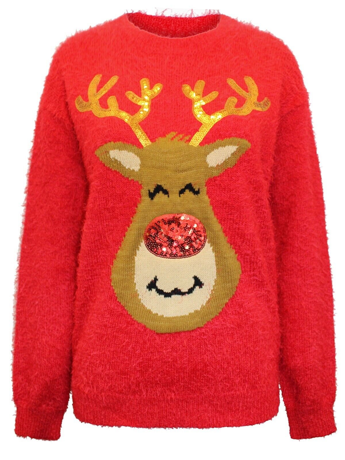 Ladies Tokyo-Red Sequin Reindeer Fluffy Knit Christmas Jumper 10, 12, 14, 16, 18