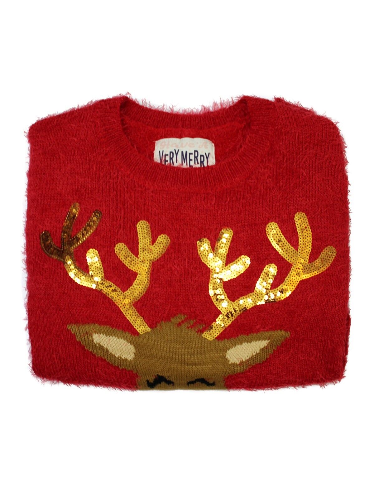 Ladies Tokyo-Red Sequin Reindeer Fluffy Knit Christmas Jumper 10, 12, 14, 16, 18