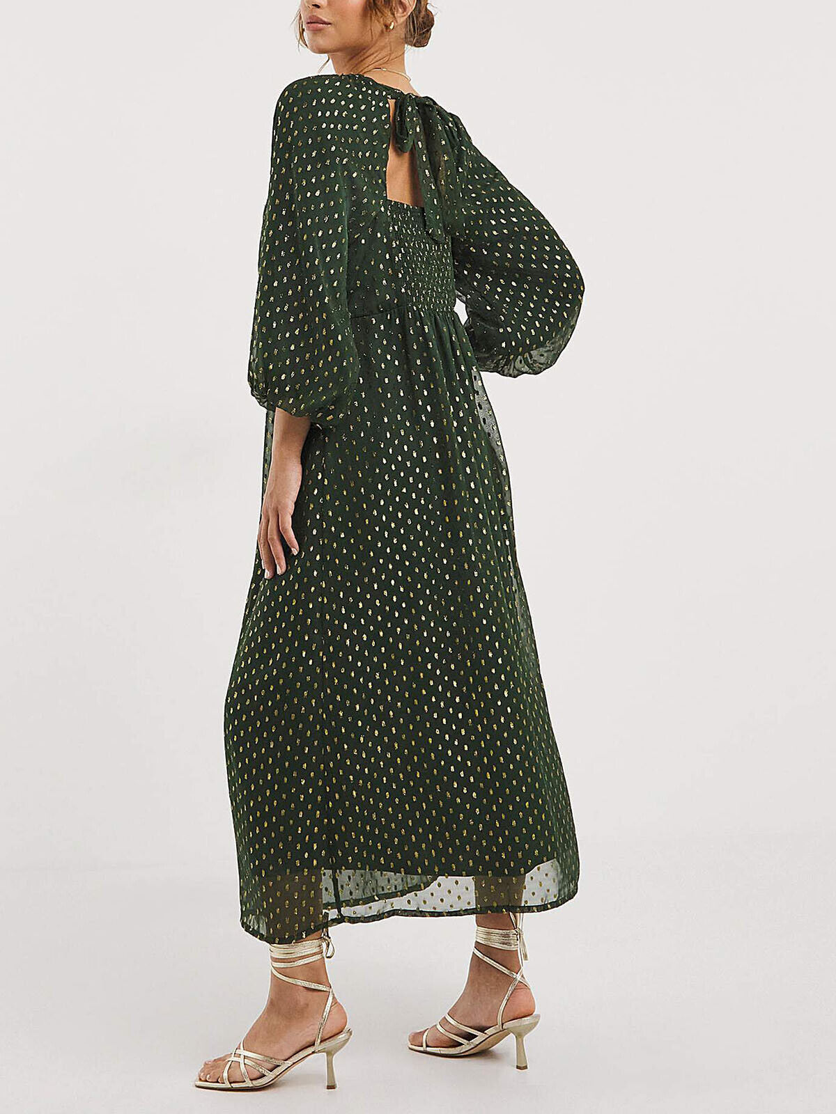 JD Williams Green Puff Sleeve Tie Neck Lurex Dobby Dress 18, 20, 28, 30 RRP £49