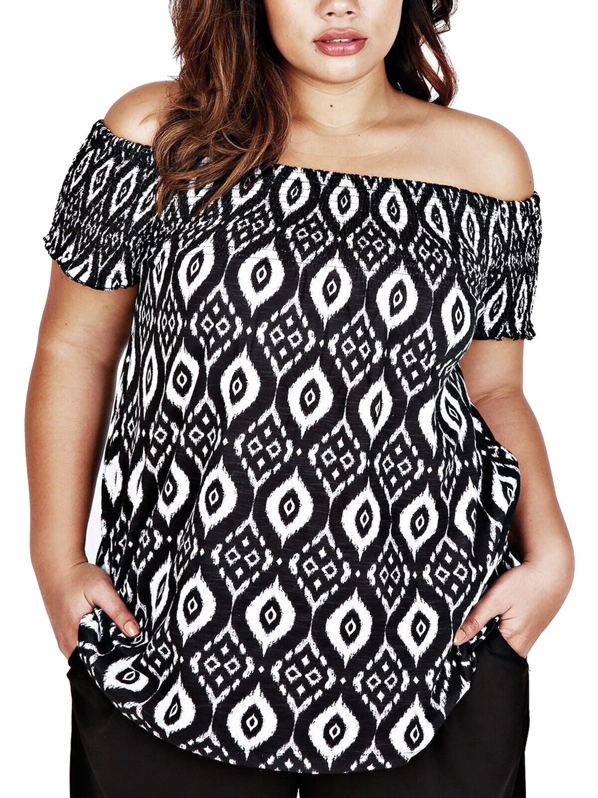 EX YOURS Black White IKAT Print Smock Bardot Jersey Top in Size 16
