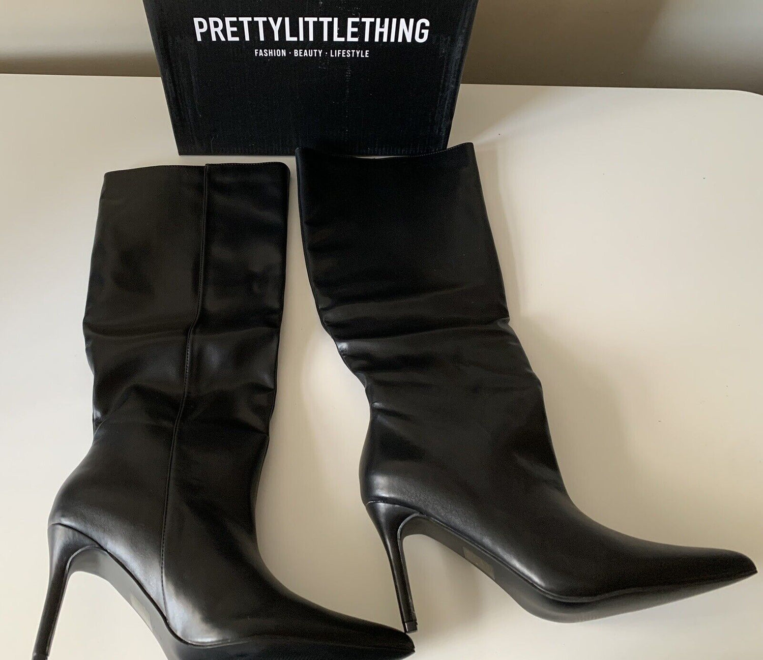 Pretty Little Thing Black PU Detail Point Toe Stiletto Heeled Knee Boots 3-8