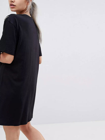 EX ASOS Black Pure Cotton Embroidered Fringe Detail T-Shirt Dress 12, 14, 16, 18