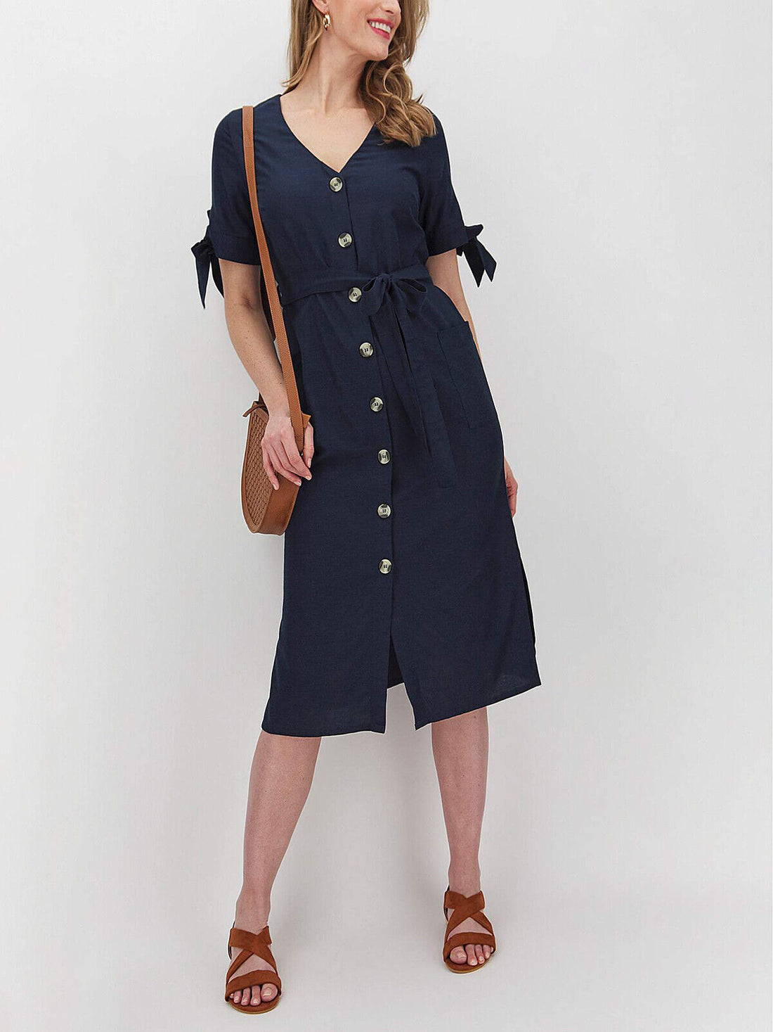 JD Williams Navy Linen Blend Button Through Midi Dress Sizes 24, 26, 32 NO BELT