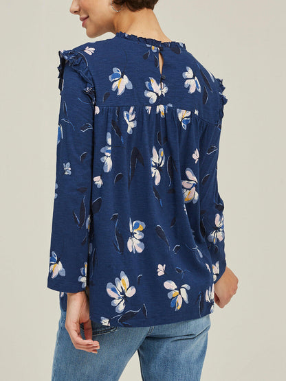 Fat Face Indigo Beatrice Water Floral 3/4 Sleeve Top 10 12 14 16 18 RRP £32.50